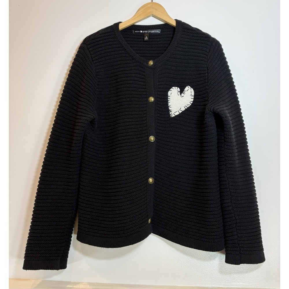 Aqua x Kerri Rosenthal Black Ribbed Heart Patch Cardigan Gold Button Sweater M